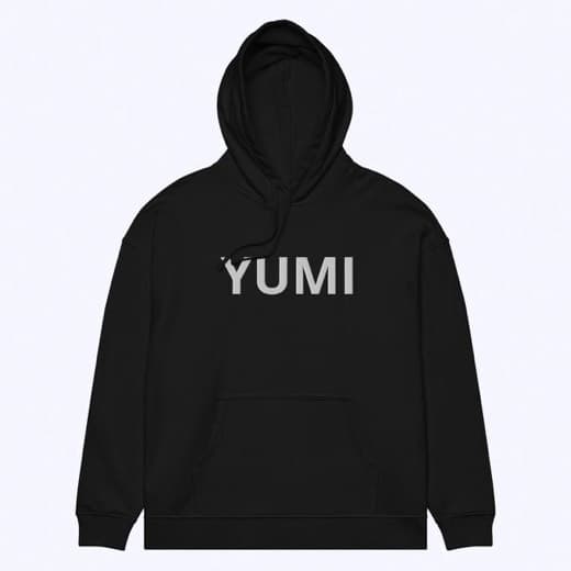 Black YUMI hoodie, front view